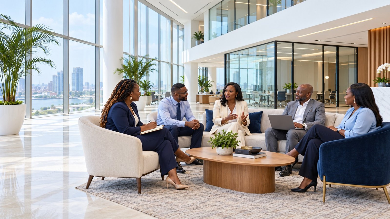 Five professionals seated together in a meeting in a bright office atrium