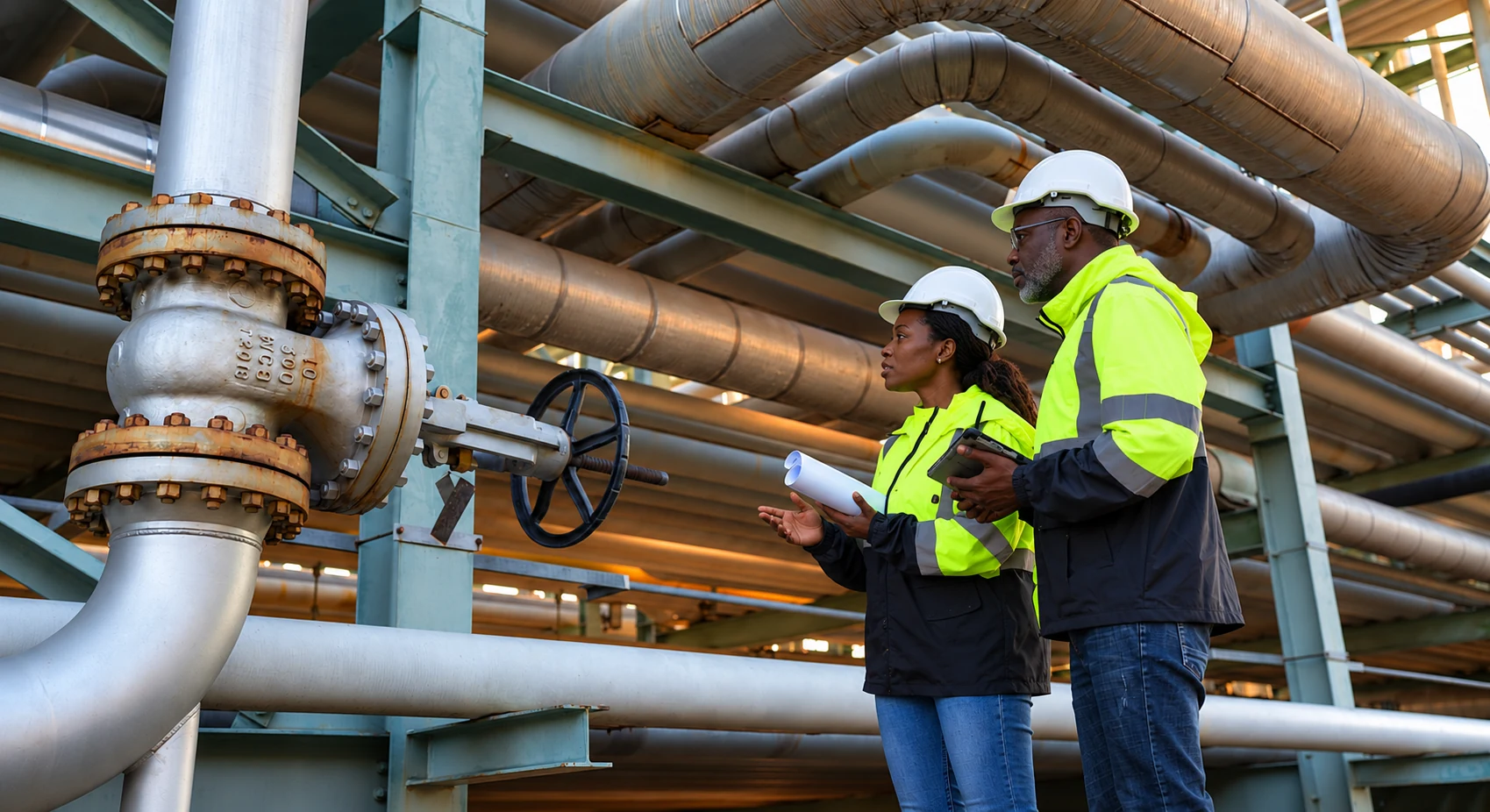 Two engineers in hard hats reviewing pipework with drawings and a tablet