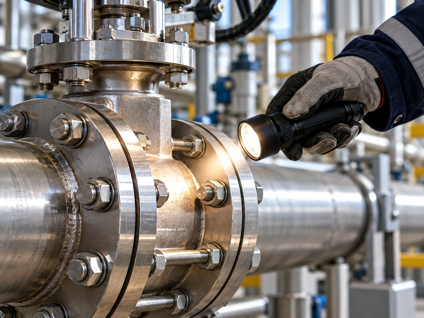A gloved inspector using a torch to examine a flanged pipe connection