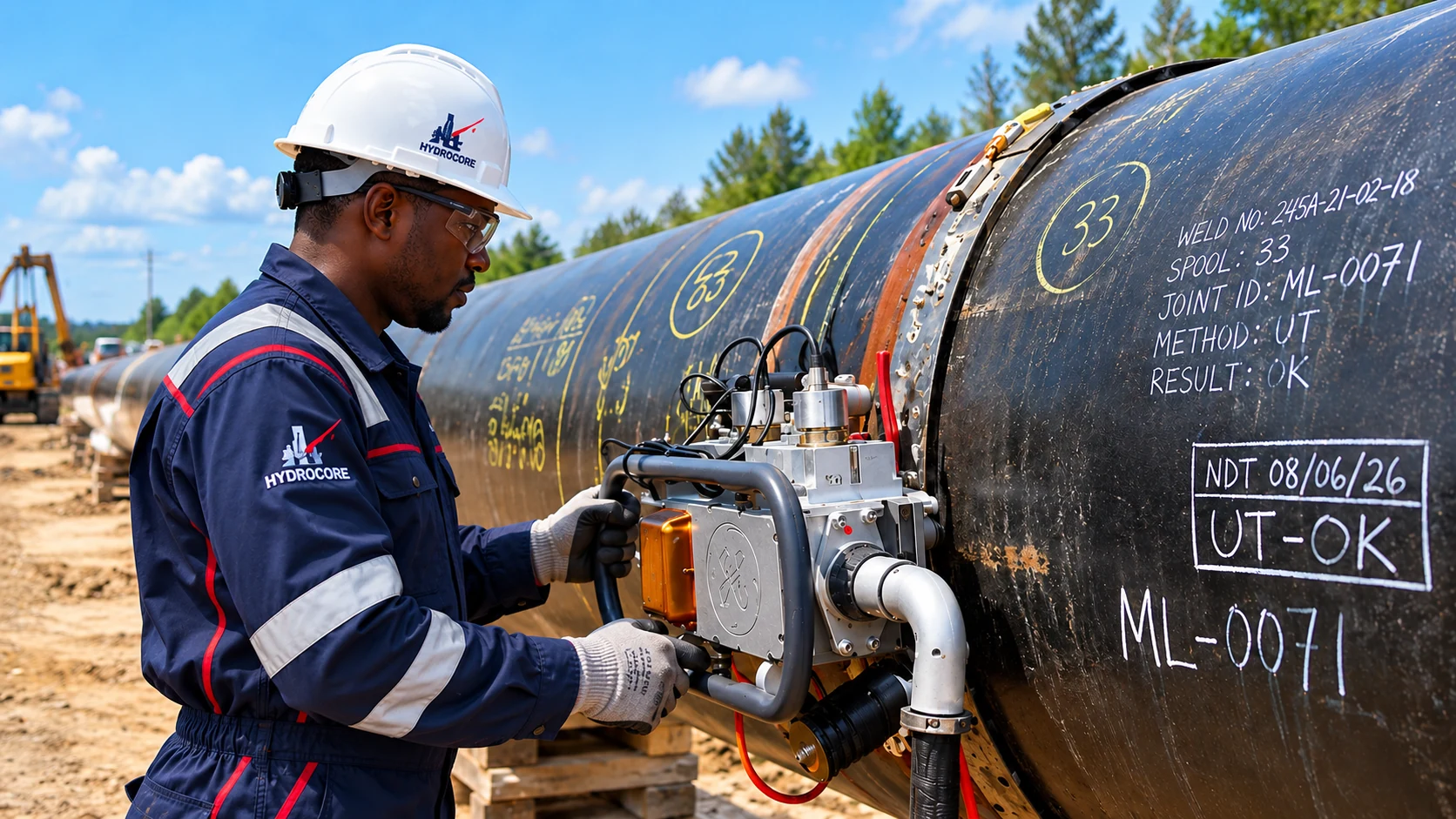 A technician in Hydrocore-branded protective clothing operating inspection equipment at a pipeline weld