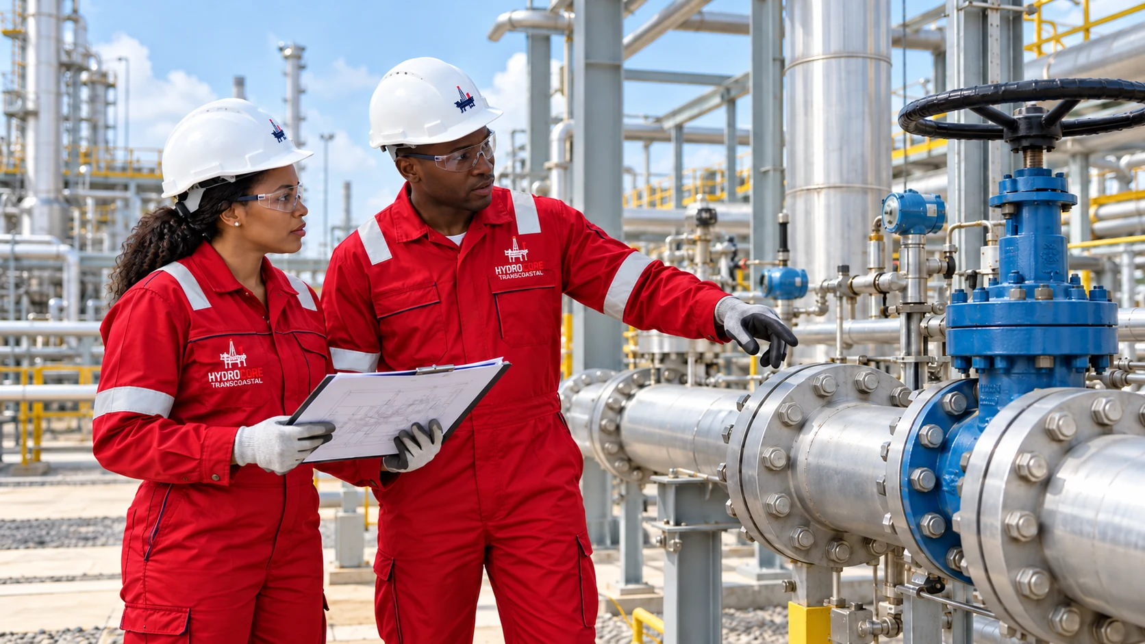 Two personnel in red Hydrocore-branded coveralls reviewing drawings and inspecting a valve and pipework