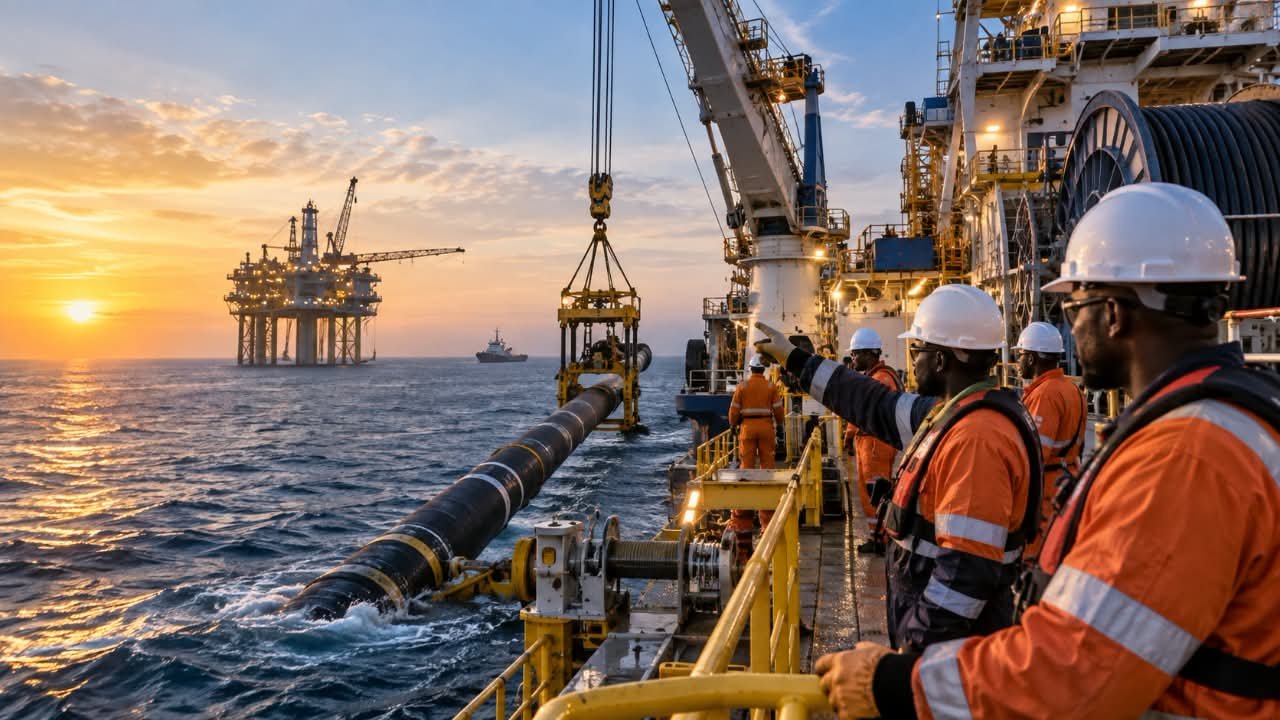 Offshore pipe handling from a vessel beside an oil platform at sunset