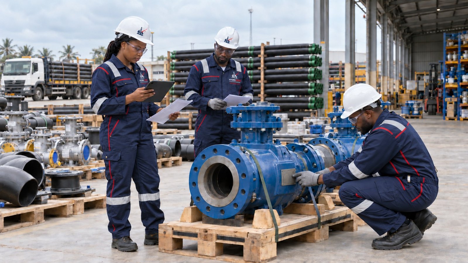 Hydrocore personnel checking blue valves and procurement paperwork in an equipment yard