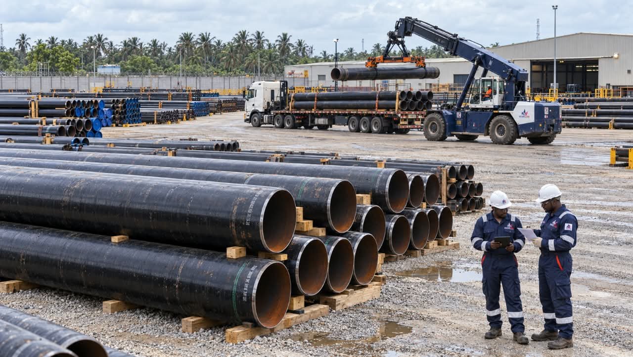Hydrocore personnel in a pipe storage yard as lifting equipment loads a truck