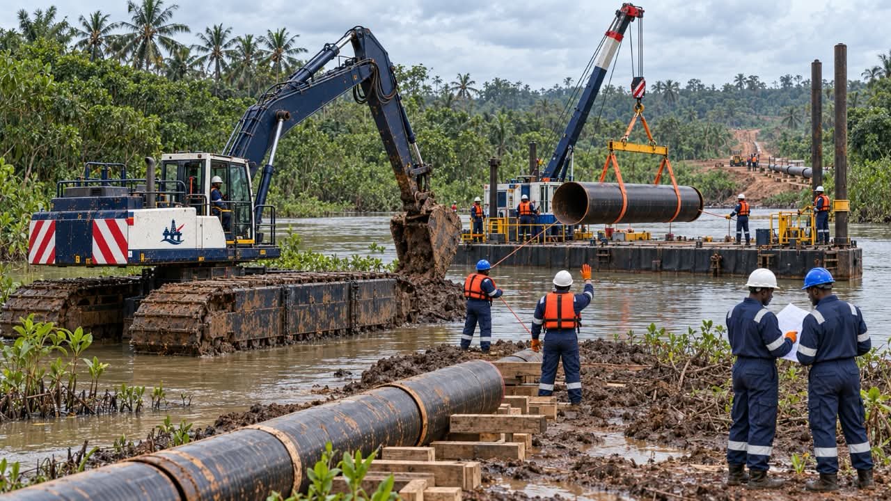 Hydrocore crews coordinating an excavator and crane during pipeline lifting at a river crossing